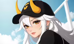 a white - haired, anime girl with horns and yellow eyes is wearing a hat
