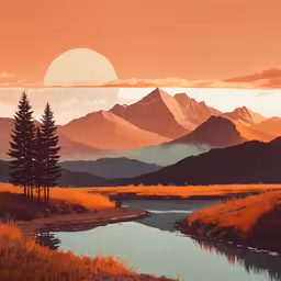 a painting of the setting sun in mountains and a lake with water,a painting of a sun setting in the sky