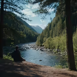 a person sits on the ground in front of a river