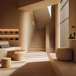 this room has a bench near the wall and a circular seating area