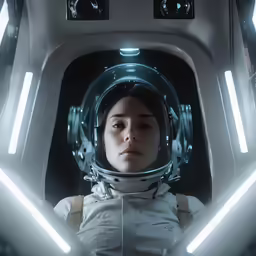 a woman in a space suit looking through a window