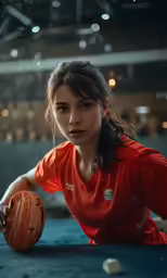 a woman in an orange shirt sits on a court holding a ball