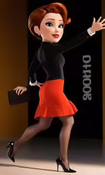 an animated girl in red skirt walking while wearing a black and grey top
