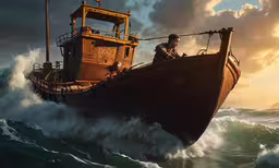 a painting of a boat on the water with waves,an old boat is sailing through the water