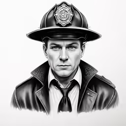 black and white drawing of a fireman wearing a hat