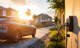a dark car is parked by a house