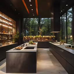 the restaurant has a long counter and plants