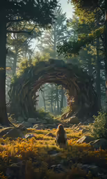 a person sits on the ground in a forest near a large arch