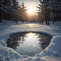 a pond surrounded by snow and pine trees