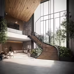 stairs and railings inside a spacious building