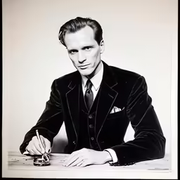 a man in suit with a pen sitting at a table