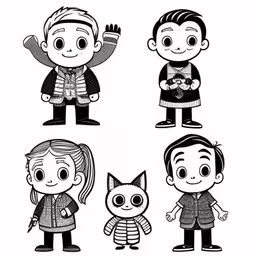 an illustration of four different people and animals,an illustration of three children in different costumes