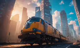 a yellow train traveling through the city on tracks,a train in a city with skyscrapers on the horizon
