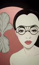 a woman wearing glasses next to a green leaf