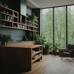 a living room with couch and chair near large windows
