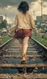 the back of a young girl walking on railroad tracks