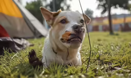 the dog is playing with his toy in the grass