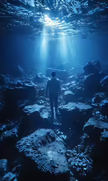 person walking into deep blue water with sunbeams