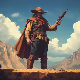 a man in a brown hat and coat with a gun