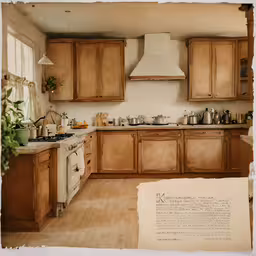 there is an open page in the page, that reads, kitchen,a view of an old kitchen from the ground level