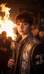 the girl in the leather jacket is posing with the flames