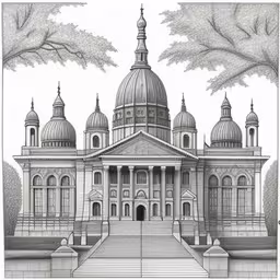 a drawing of a building that looks like it is in the middle of trees