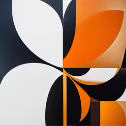 an orange black and white painting with shapes