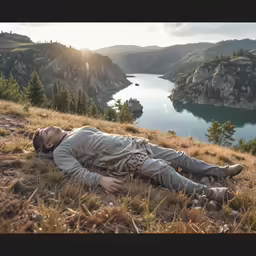 a man lies on the ground in the grass