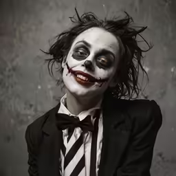 a man is dressed as the joker with a creepy haircut and makeup