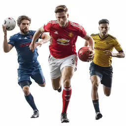 three men running with balls and uniform on