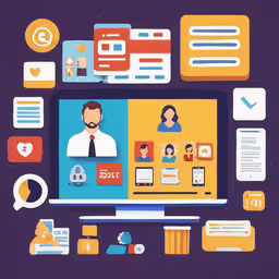 a flat image of people on a computer screen,some flat icons that are placed over a computer screen