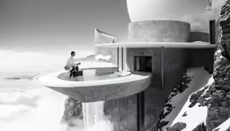 a woman standing on a balcony over the clouds