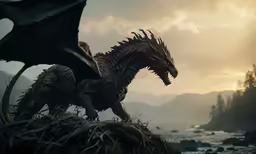 two large dragon figurines are on the shore of a lake