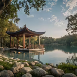 a wooden gazebo is on a rock covered shore