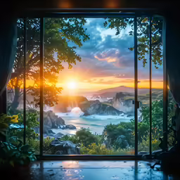 the sunrise seen from a very big window of a house
