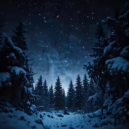 a snow covered forest is pictured with bright lights