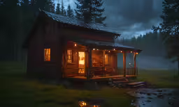 a cabin in the woods at night with lights on,there is a cabin by the river at night