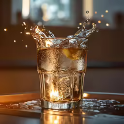 a glass filled with water and ice with a lit candle