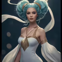 a beautiful woman with blue hair wearing white