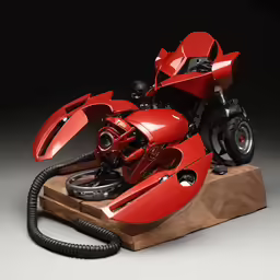 an old red motorcycle is connected to a phone
