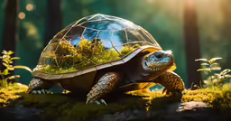 a turtle statue with an aquarium sitting on a rock
