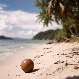 a ball is laying on the sand in front of some water