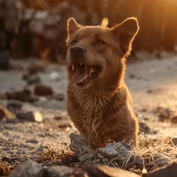 an adult dog is playing outside on the ground