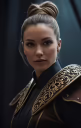 the woman in the armor is wearing a headpiece