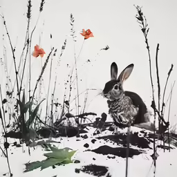 the rabbit is sitting in the snow by the grass