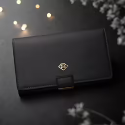 black purse on a table with flowers