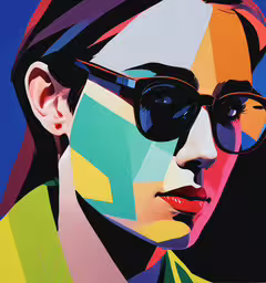 a digital painting of a woman wearing sunglasses,a girl with glasses and colored artwork on her face