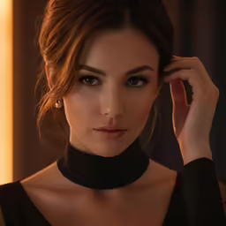 a woman wearing dark clothes has a black choker
