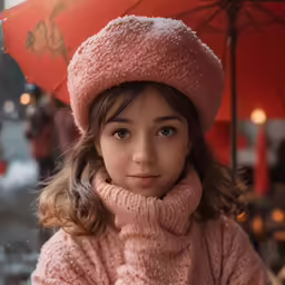 a little girl in a hat and sweater holding an umbrella