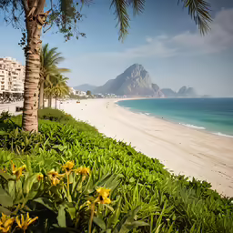a beach near some water with lots of green bushes